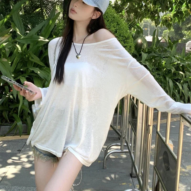 Chic Lazy Women Sheer Baggy Tshirt Summer Casual Loose Pullover Solid Color Off Shoulder Streetwear Fashion