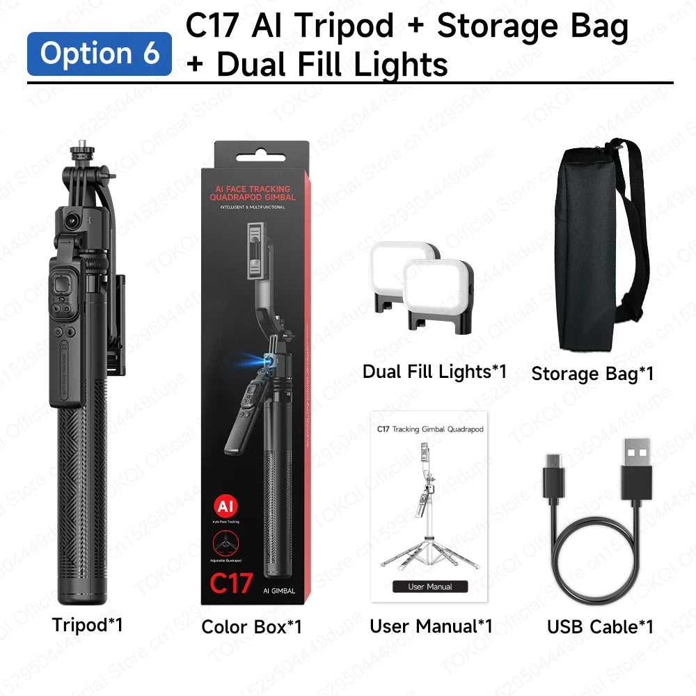 TOKQI C17 AI Tracking Gimbal Cellphone Stand Extension Rod Selfie Stick Tripod 360° Auto Rotate for Smartphones Shooting Vlog