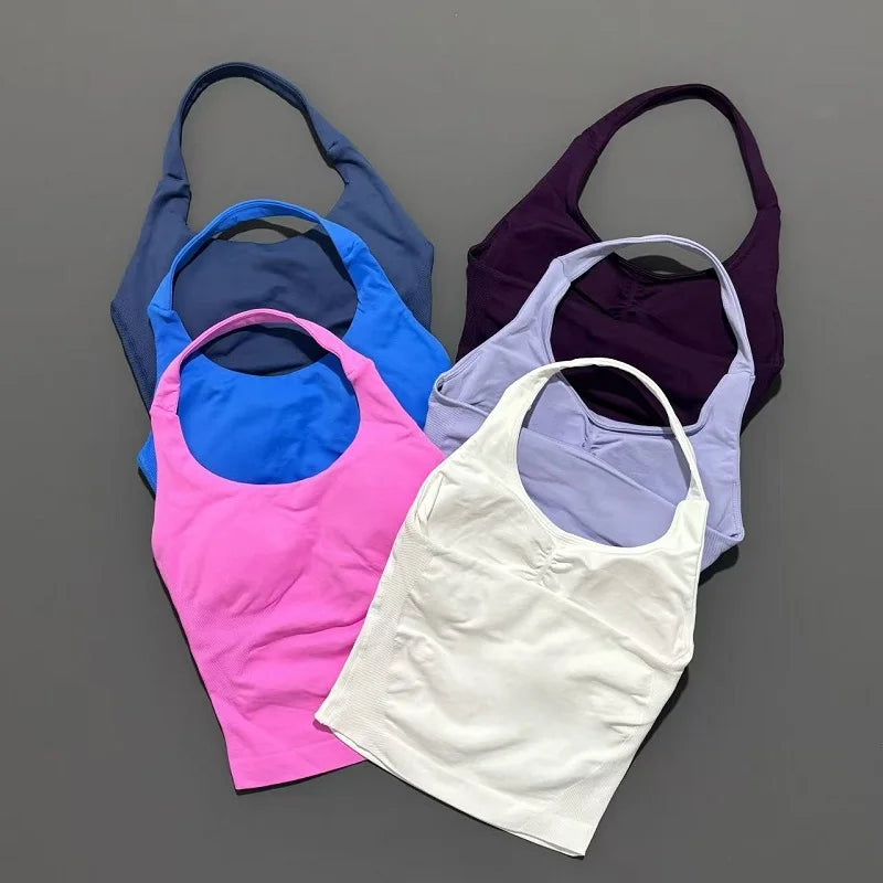 Gym Sports Top Women Seamless Yoga Tank Longline Strappy Top Open Back Bra Sportswear Gym Clothing Running Workout Halter