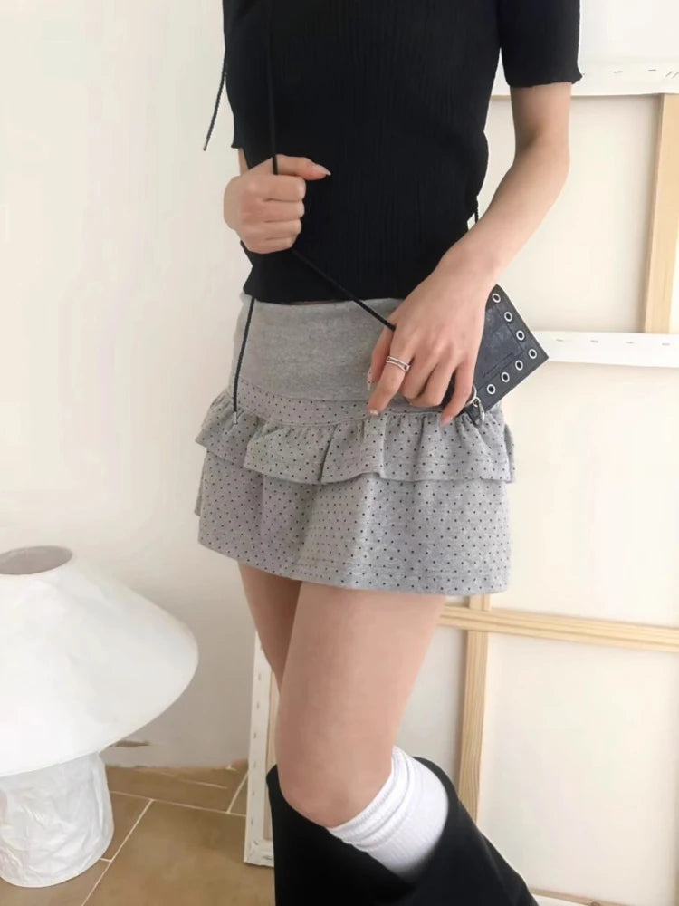 Korean Style Summer Tie Shoulder One-Shoulder Short Sleeve T-Shirt Top Slim Polka Dot  Skirt Casual High Waist A-Line Skirt