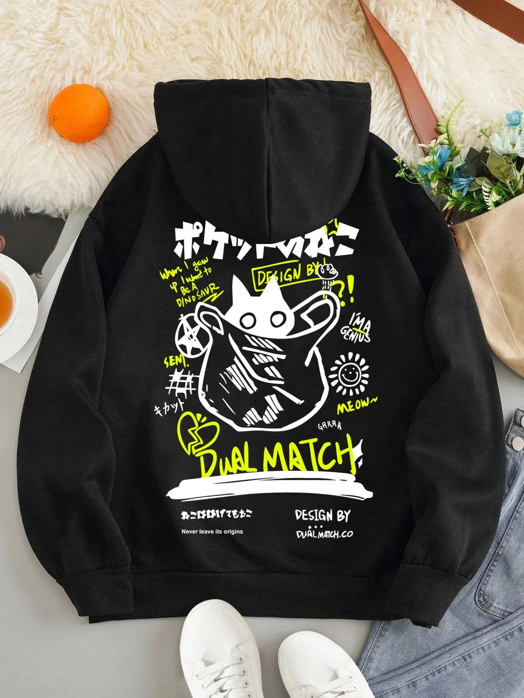 Japan Style Black Cat Hoodie Men Women Outdoor Street Casual Fashion Sport Cartoon Longsleeve Adult Autumn Winter Sweatshirt Top