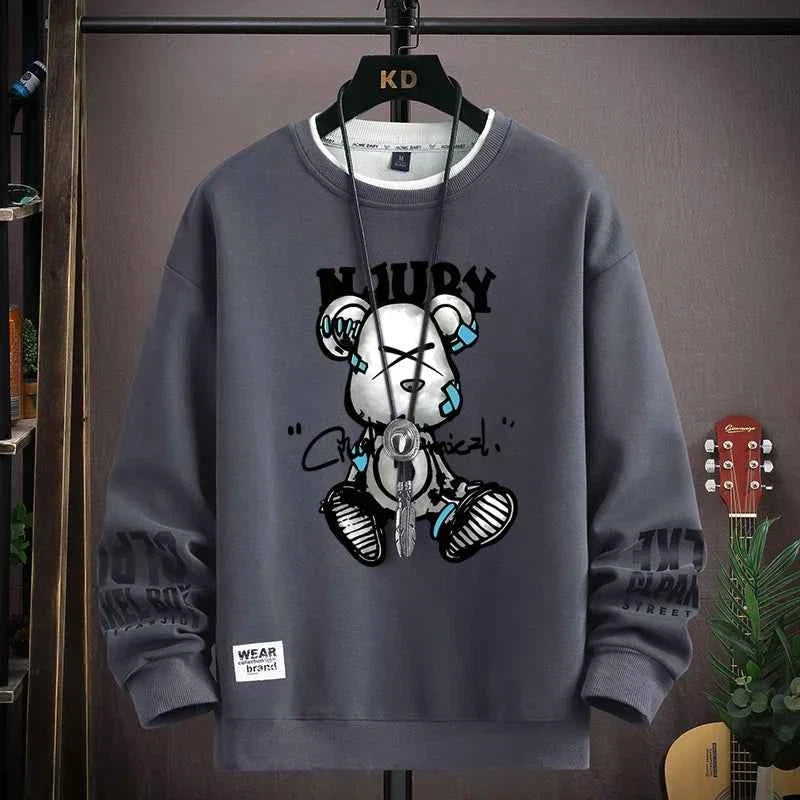 Autumn Men’s Sweatshirt Cool Bear Print Long Sleeve T-shirt Khaki O Neck Harajuku Exclusive Design Top