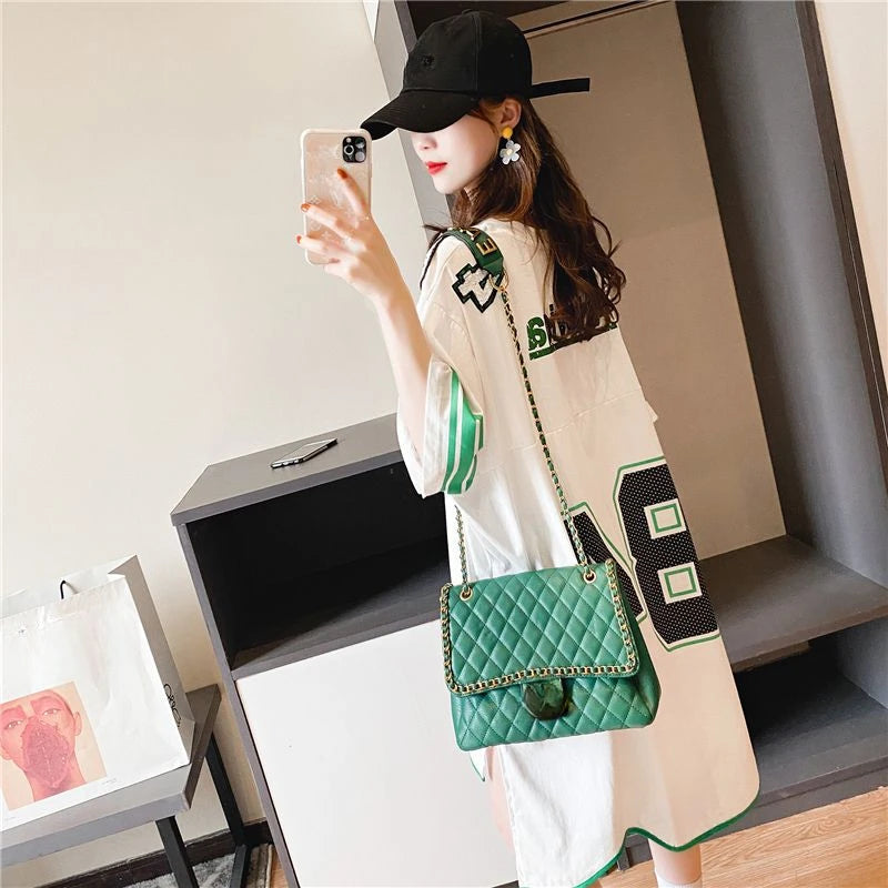 Long Baggy T Shirt for Women Irregular Green Printing Kpop Korean Clothing Cheap Sales Style Streetwear Female Tee Tops Woman