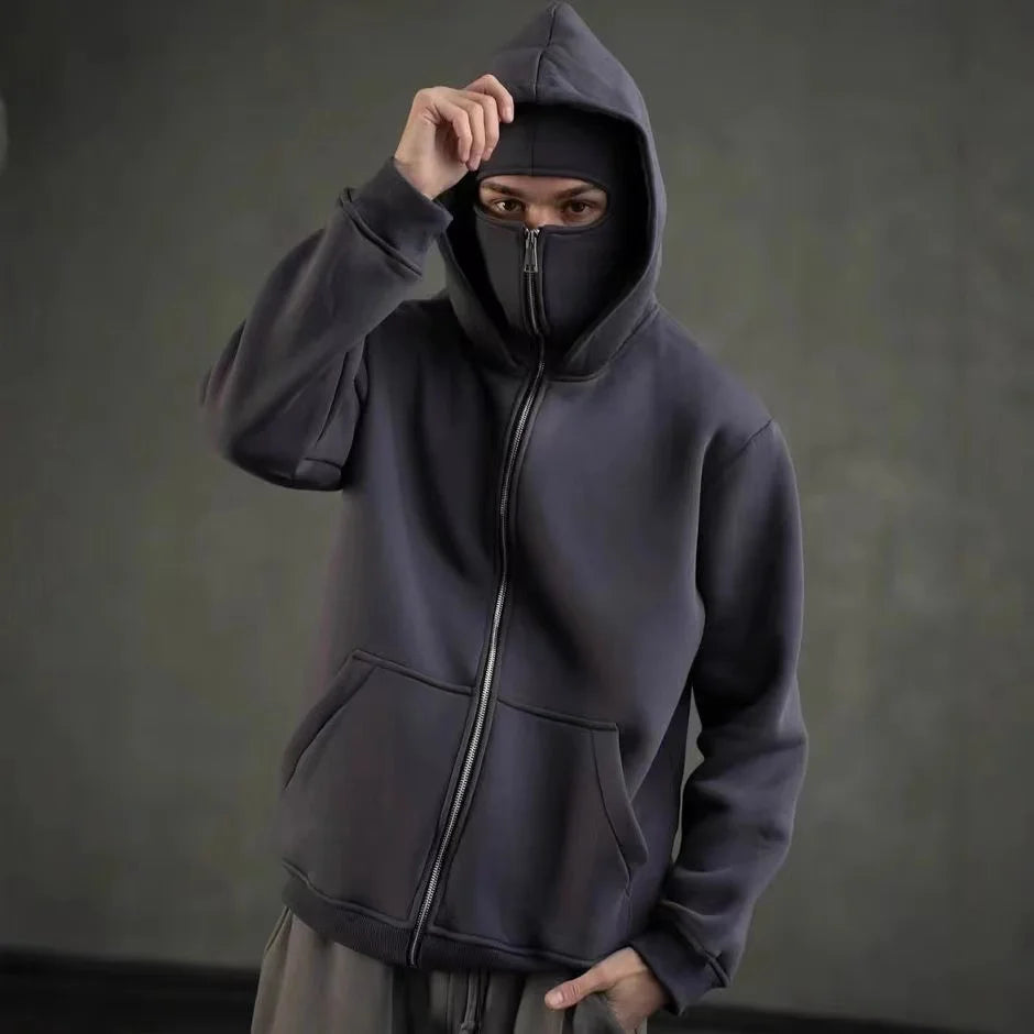 Balaclava Men Zip Hoodie Winter Warm Casual Sweatshirt Y2K with Hooded Face Mask Zipper Design Sports Jacket Outdoor Activities