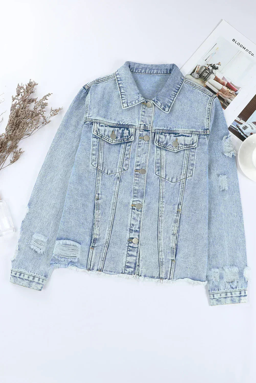 Light Blue Distressed Denim Jacket with Raw Hem – Femstylo