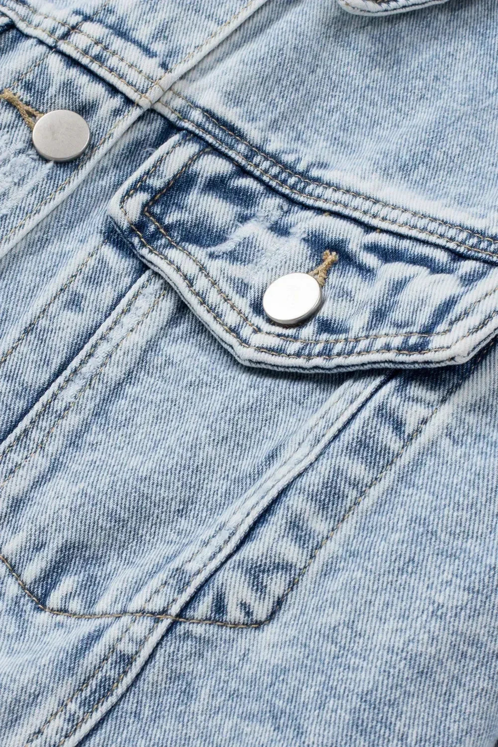 Light Blue Distressed Denim Jacket with Raw Hem – Femstylo