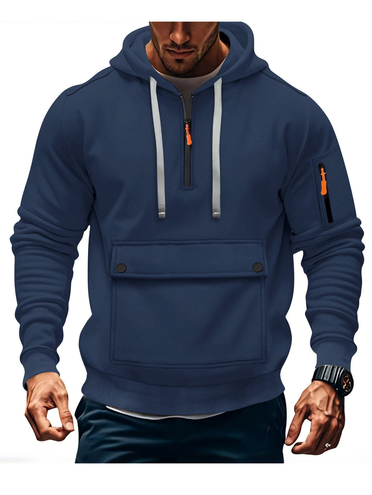 Mens Hooded Sweatshirt Jacket With Zippered Sleeves And Large Pockets