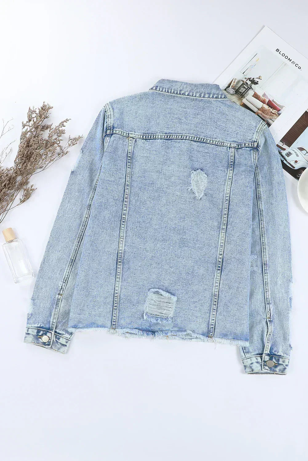 Light Blue Distressed Denim Jacket with Raw Hem – Femstylo