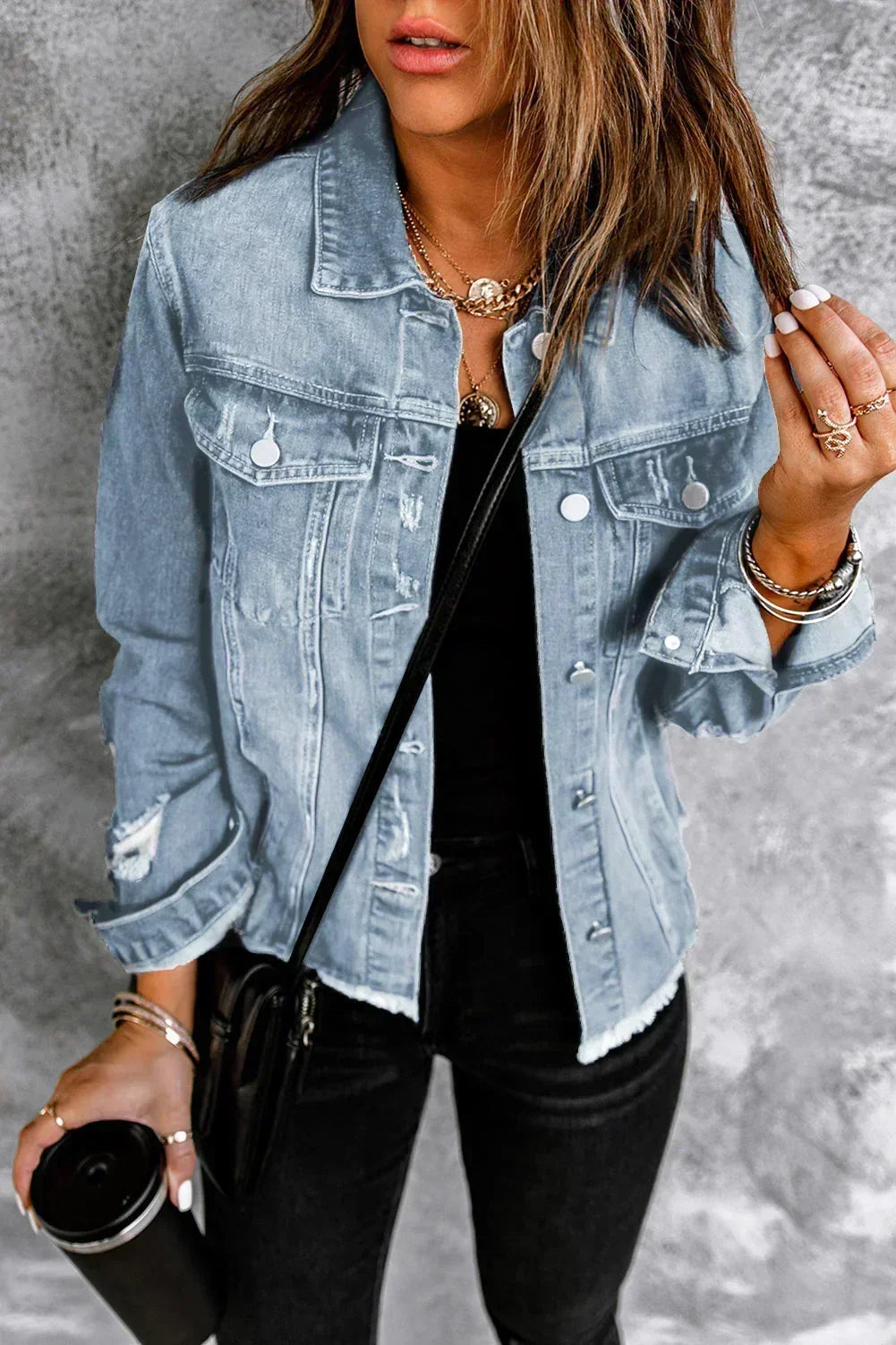 Light Blue Distressed Denim Jacket with Raw Hem – Femstylo