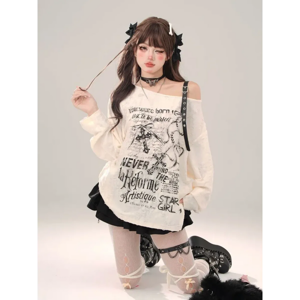 Off-Shoulder Gothic Grunge Tee – Harajuku Dark Aesthetic Top