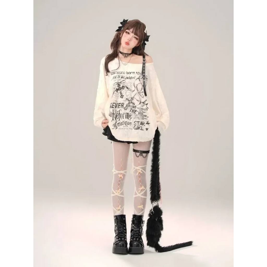 Off-Shoulder Gothic Grunge Tee – Harajuku Dark Aesthetic Top